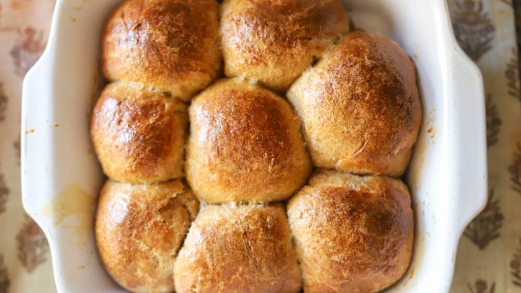 Top view of finished sourdough rolls fresh from the oven