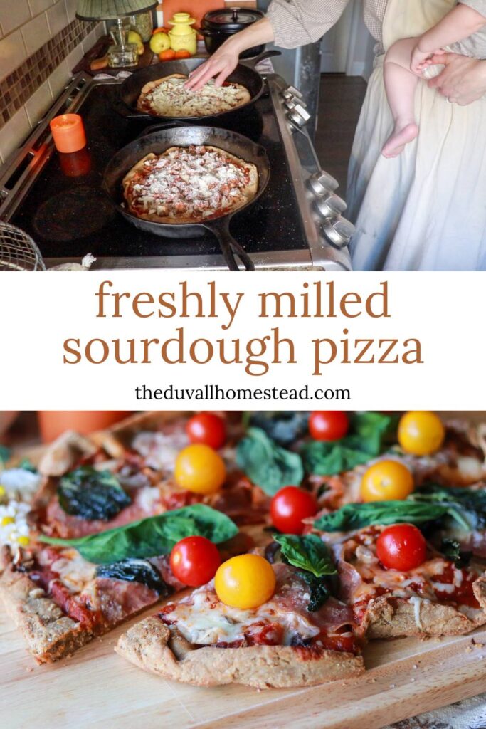 Top photo: A woman preparing two sourdough pizzas in cast iron skillets on a stovetop while holding a baby. Bottom photo: Freshly baked pizza slices topped with cherry tomatoes and basil.