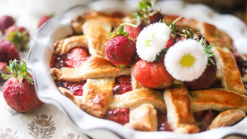 Strawberry pie topped with whipped cream and fresh strawberries on a rustic table.