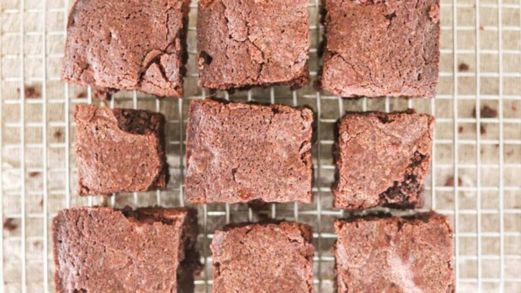 Chocolate einkorn brownies on a cooling rack