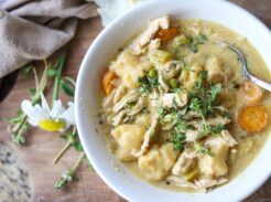 Bowl of chicken gnocchi soup with vegetables and herbs.