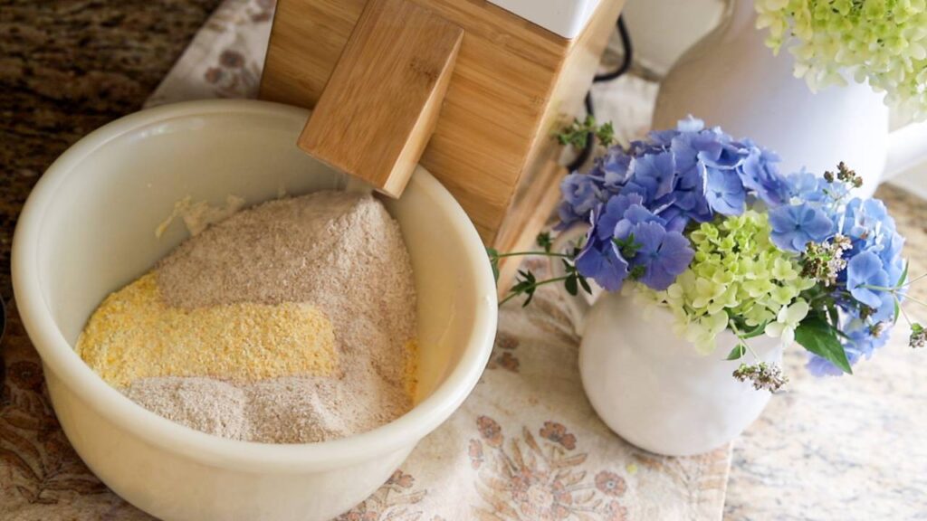 Bowl of fresh-milled flours on a counter.