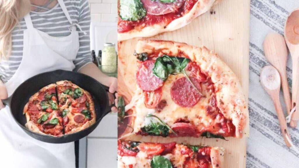 Homemade sourdough pizza in cast iron skillet and on cutting board