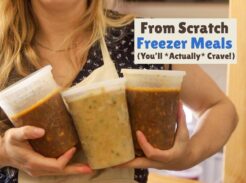 girl holding frozen soups for freezer meal prep