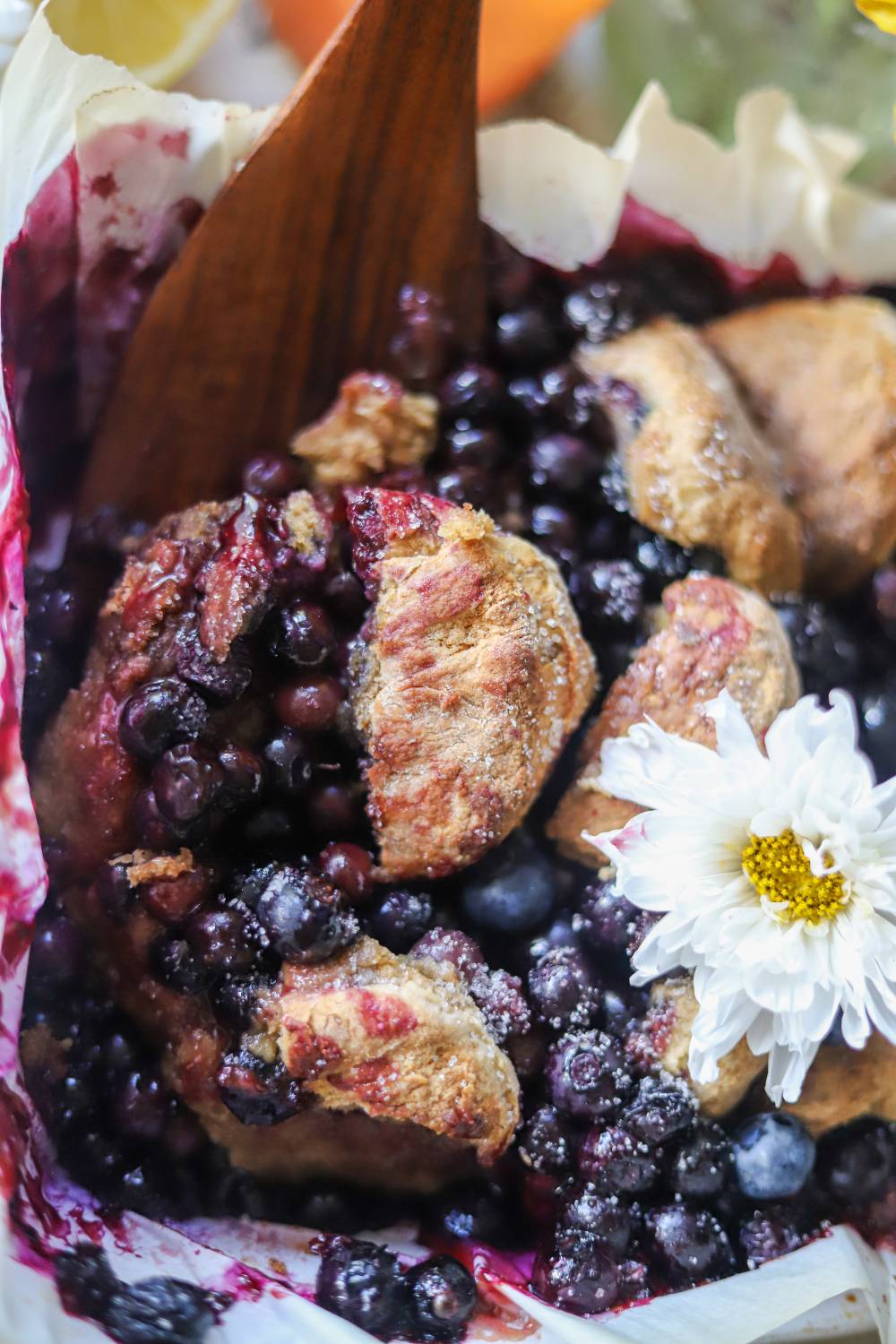 Close-up of baked blueberry cobbler with golden biscuits and a white flower on top