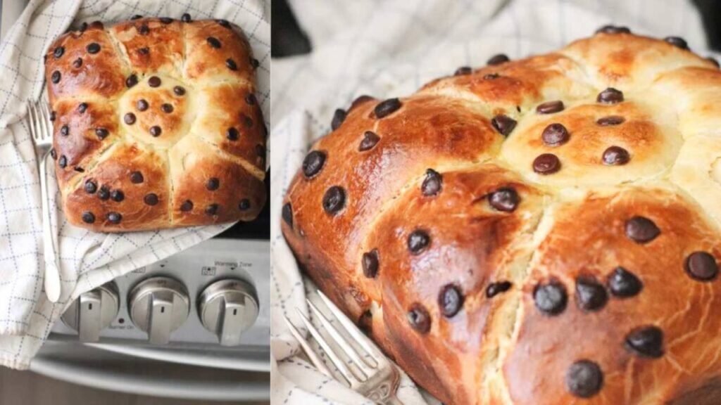 Chocolate chip brioche rolls in a baking dish