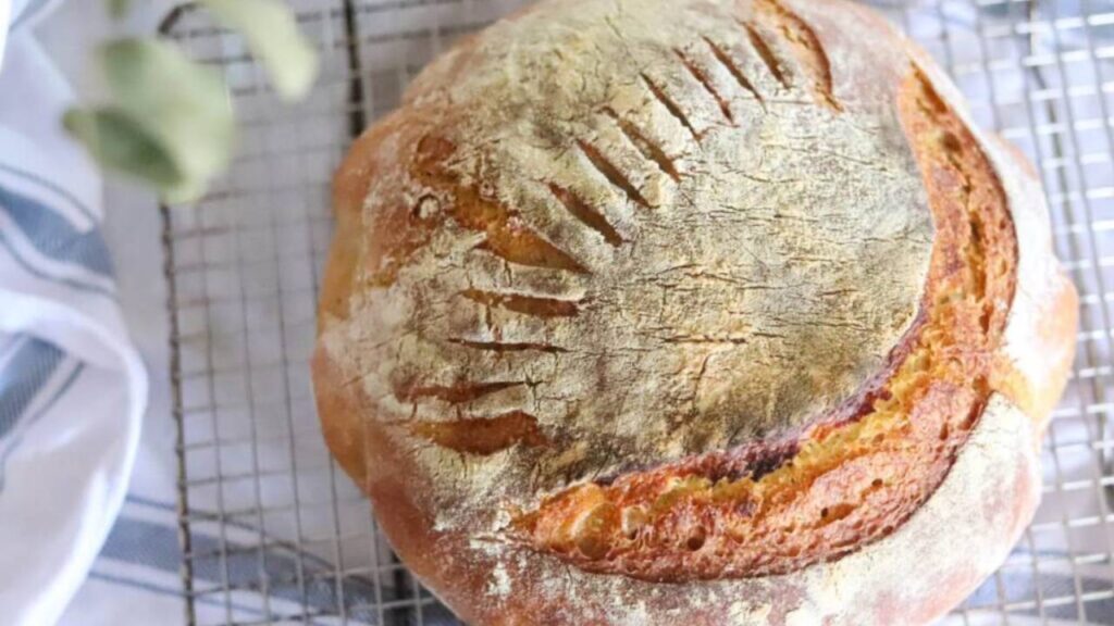 Round sourdough loaf setting on cooling rack