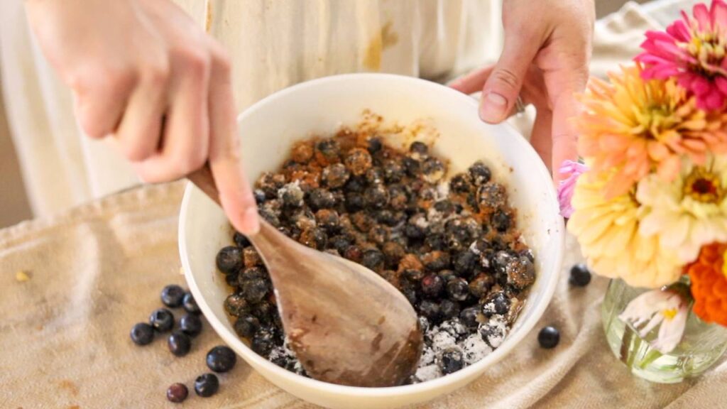 Mixing blueberries, sugar, and cinnamon in a white mixing bowl