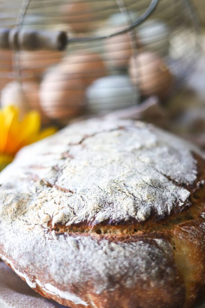 Close-up of freshly baked whole grain sourdough boule