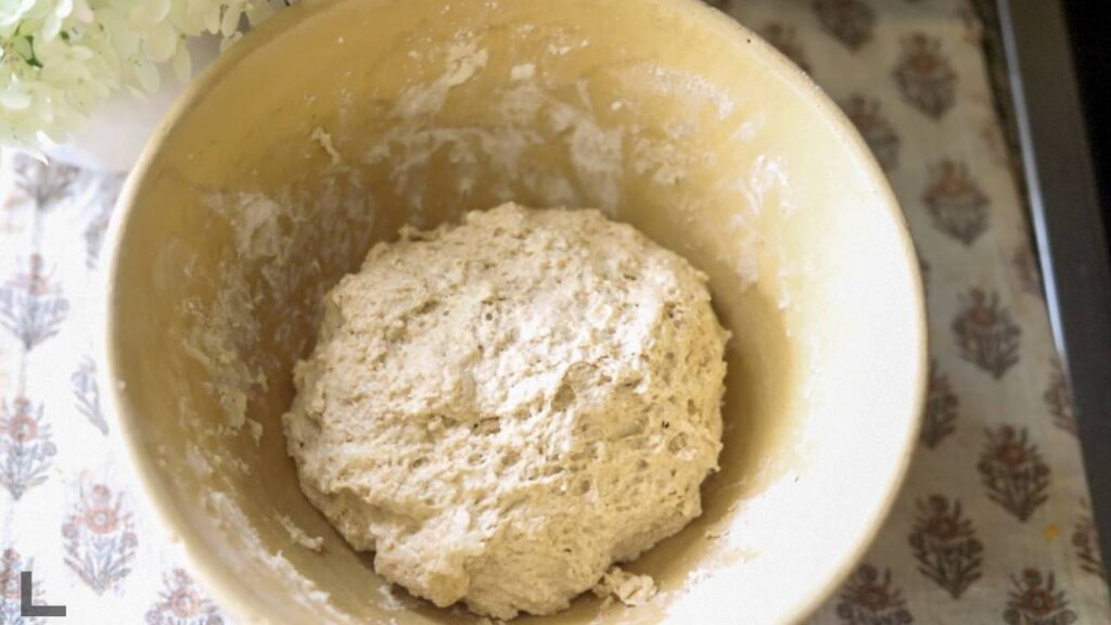 Freshly mixed whole grain sourdough dough in bowl