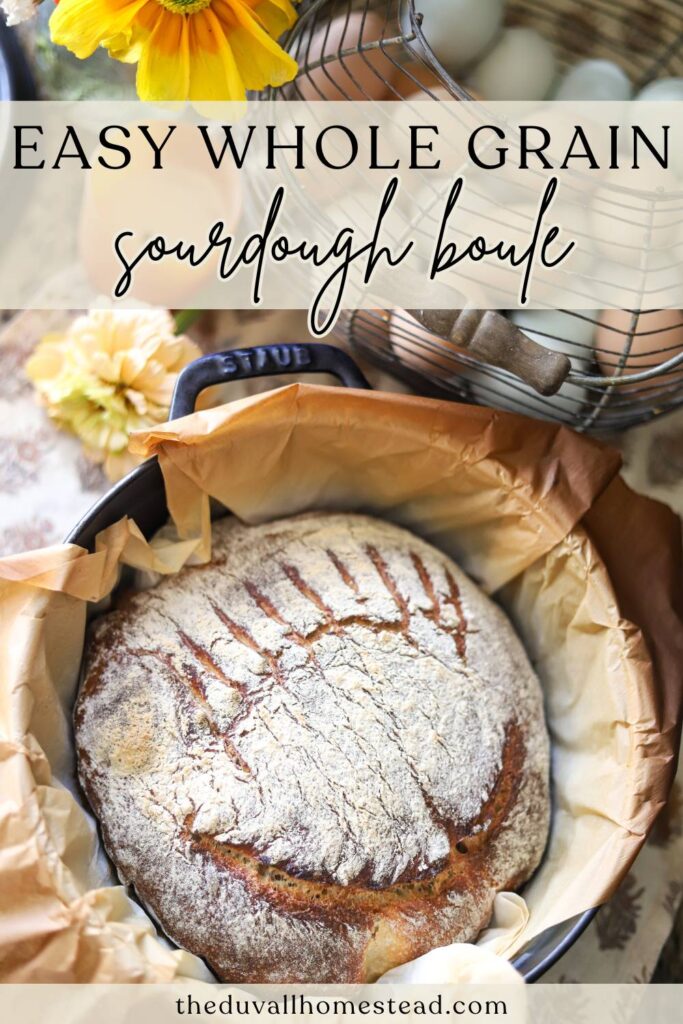 This home milled sourdough bread recipe creates the coziest, long fermented sourdough boule for your family. Using freshly milled flour gives a wholesome, nutty flavor you just can’t buy at the store. Whether you’re new to sourdough or a seasoned baker, this rustic whole wheat sourdough boule is simple and perfect for busy moms who want real, naturally leavened bread on the table.