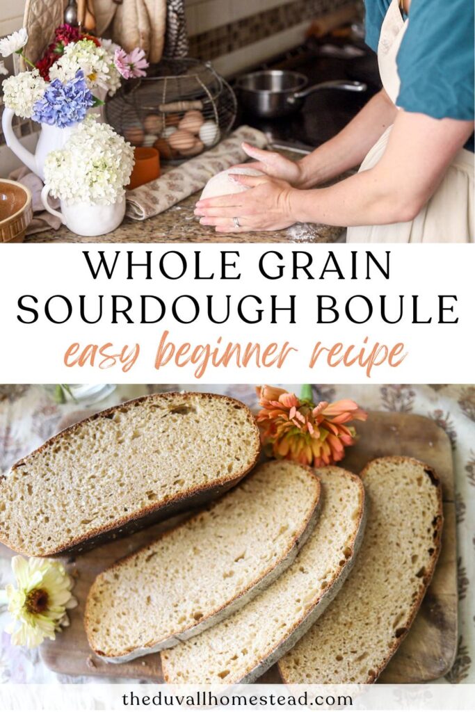 Baking an artisan sourdough boule with whole grain flour is easier than you think! This whole grain sourdough boule recipe uses freshly milled flour for incredible flavor, a rustic crust, and a soft, chewy crumb. Learn how to bake sourdough with fresh milled flour, enjoy a naturally leavened loaf, and fill your kitchen with the smell of fresh bread – perfect for family meals and nourishing lunches.