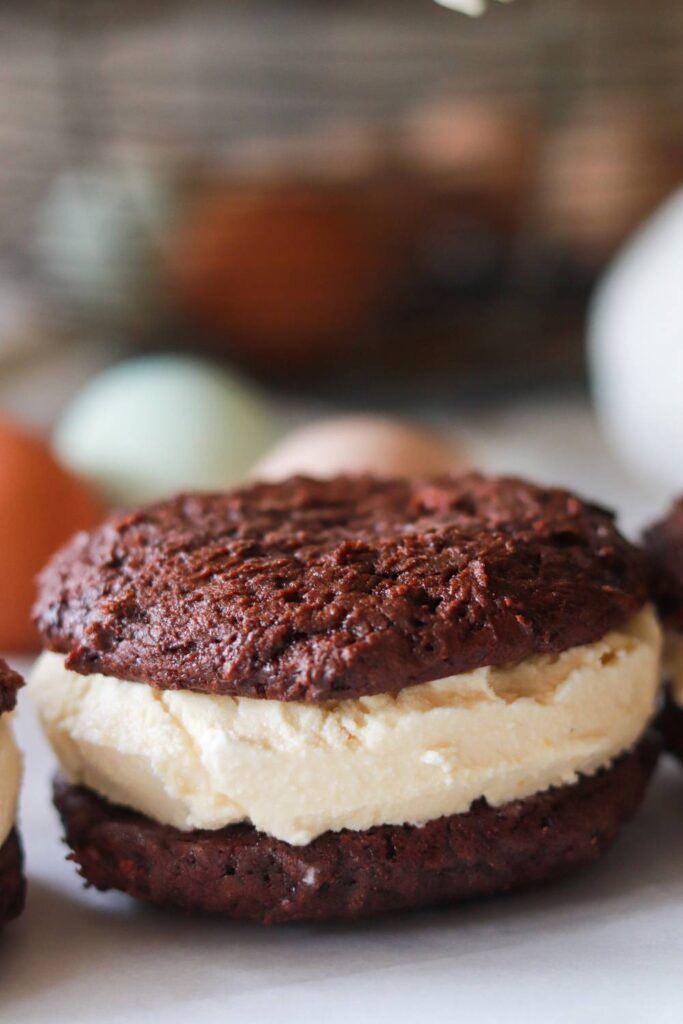 Chocolate cookie ice cream sandwich with eggs blurred in the background.
