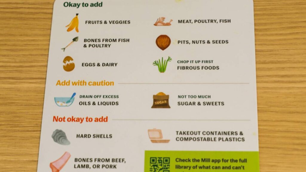Instruction card showing what foods can and cannot be added to the Mill food recycler.