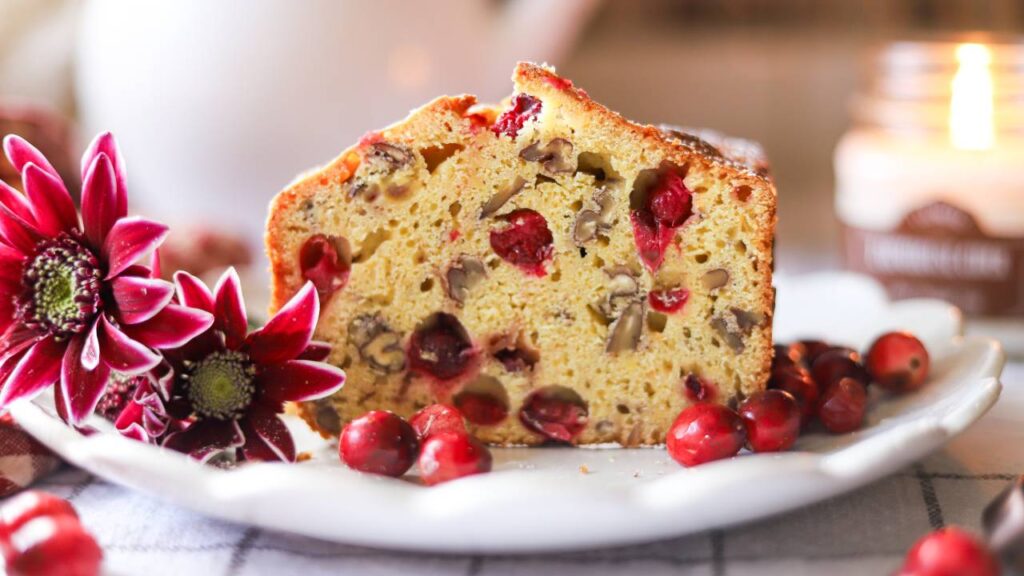 Einkorn cranberry orange bread served on a plate