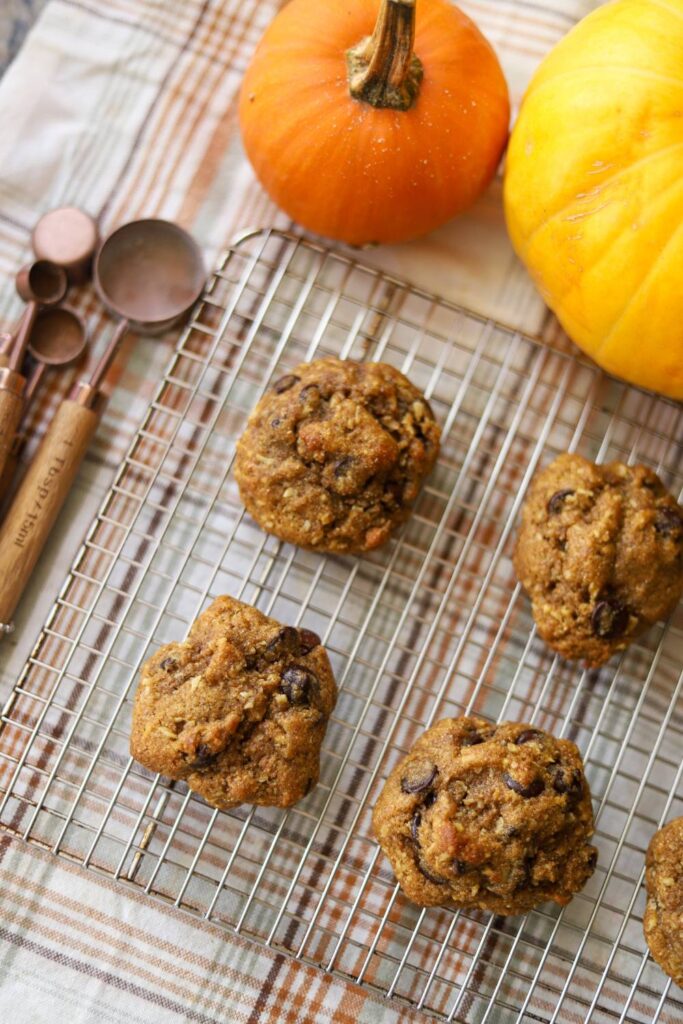Freshly baked pumpkin coconut chocolate chip cookies cooling on a wire rack with pumpkins nearby