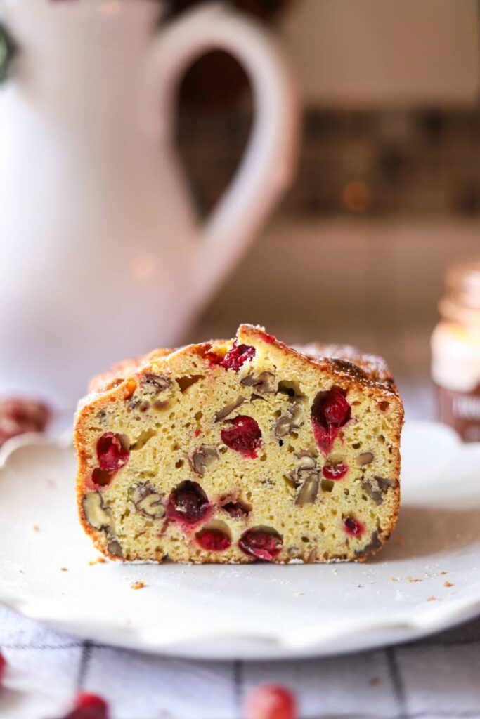 Einkorn cranberry orange bread served on a plate