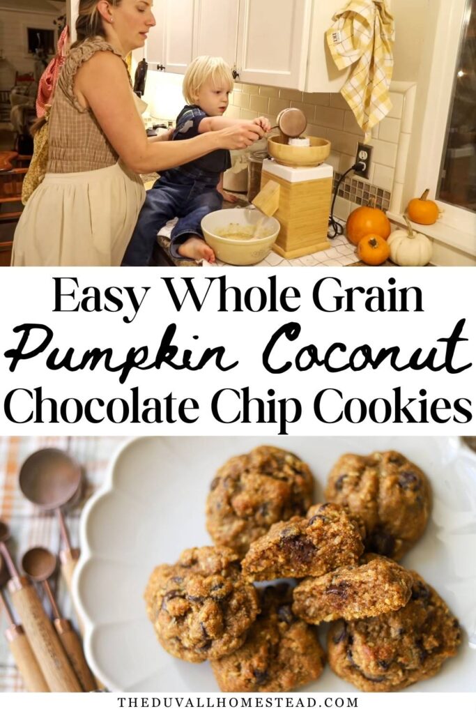 These whole grain pumpkin cookies are easy to make, freezer-friendly, and filled with coconut flakes and chocolate chips for the perfect cozy bite.