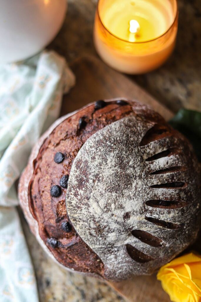 Overhead view of sourdough chocolate bread loaf with scoring