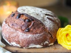 Sourdough chocolate bread loaf with yellow rose