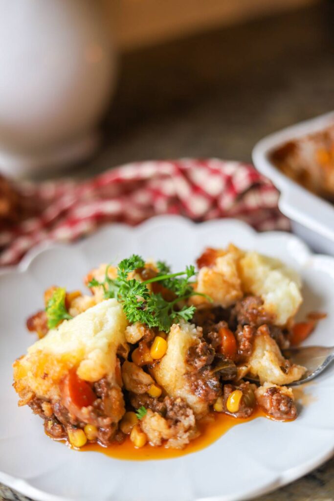 Close up of from scratch shepherd’s pie with mashed potato topping