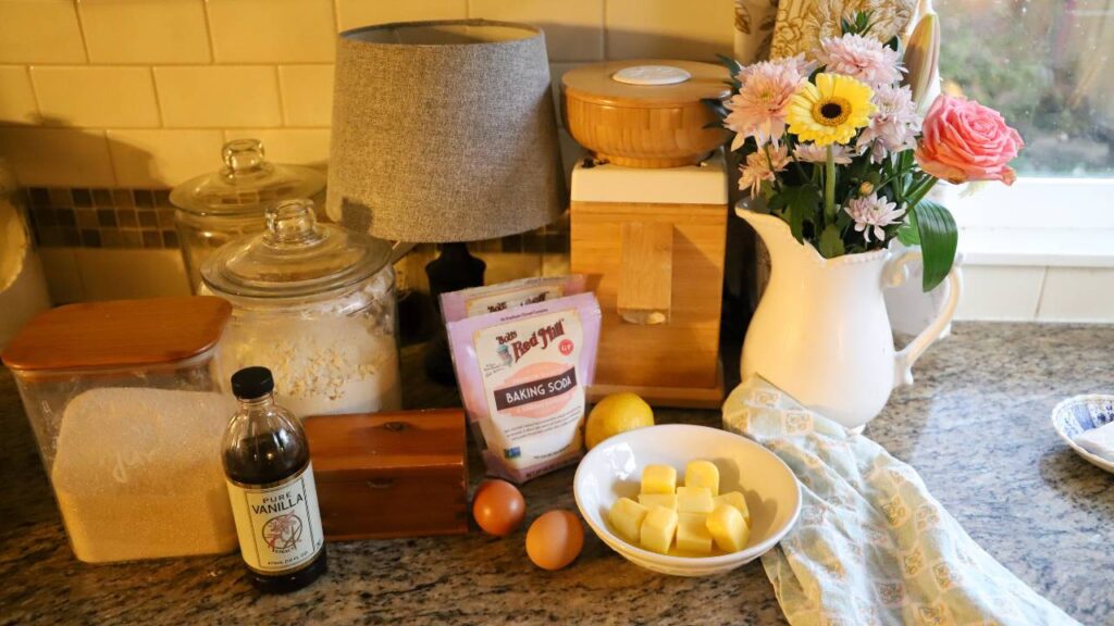 Ingredients for einkorn lemon sugar cookies on a kitchen counter