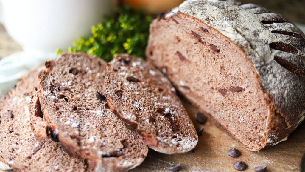 Sliced sourdough chocolate bread with chocolate chips