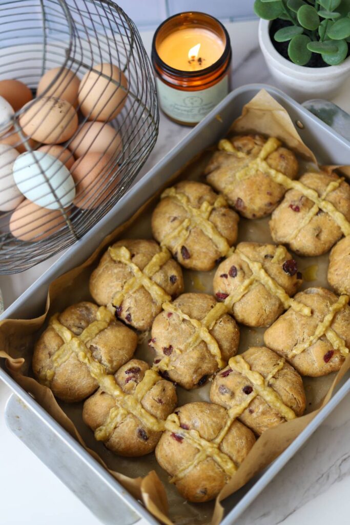 Pan of sourdough einkorn hot cross buns