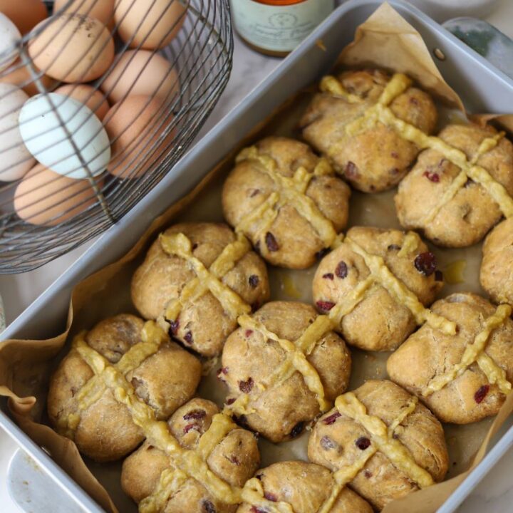 Pan of sourdough einkorn hot cross buns