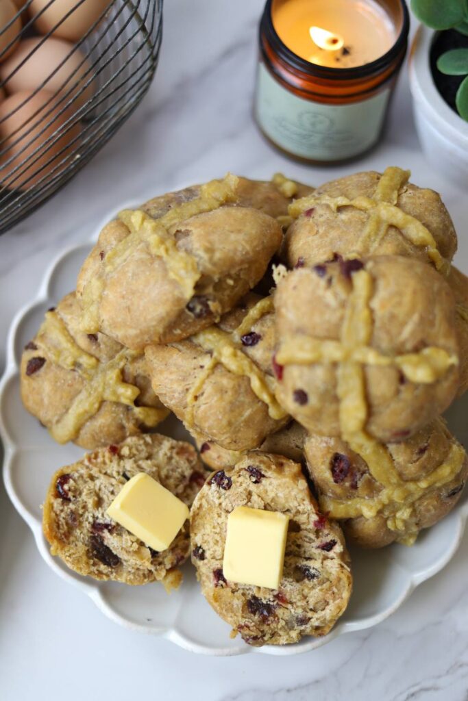 Split sourdough einkorn hot cross buns with butter