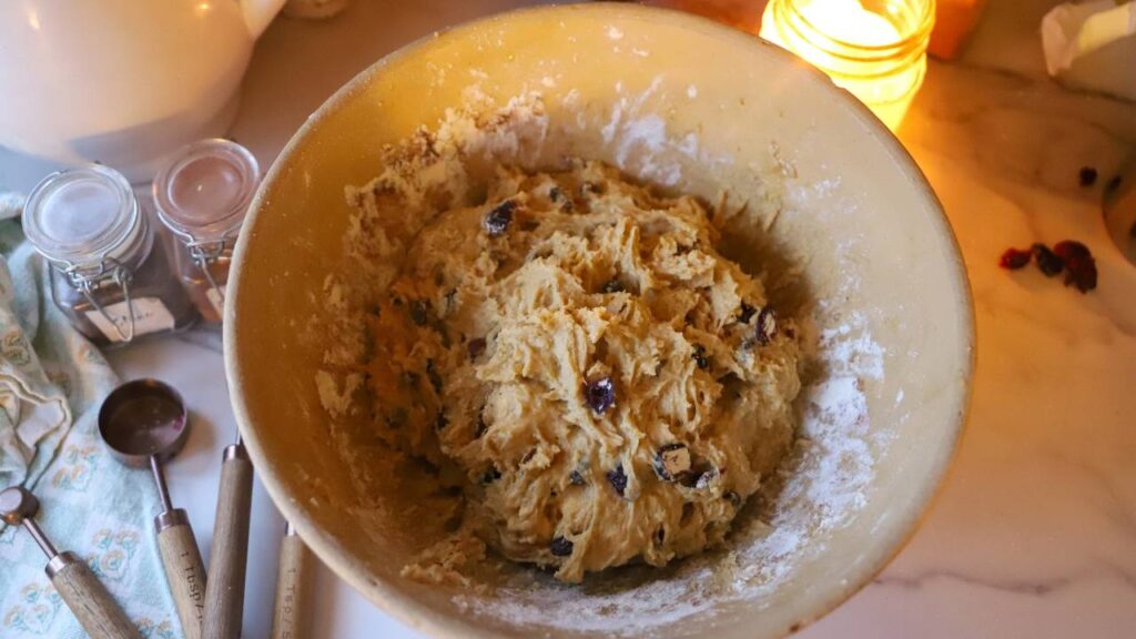 Close-up of sourdough einkorn hot cross bun dough in mixing bowl