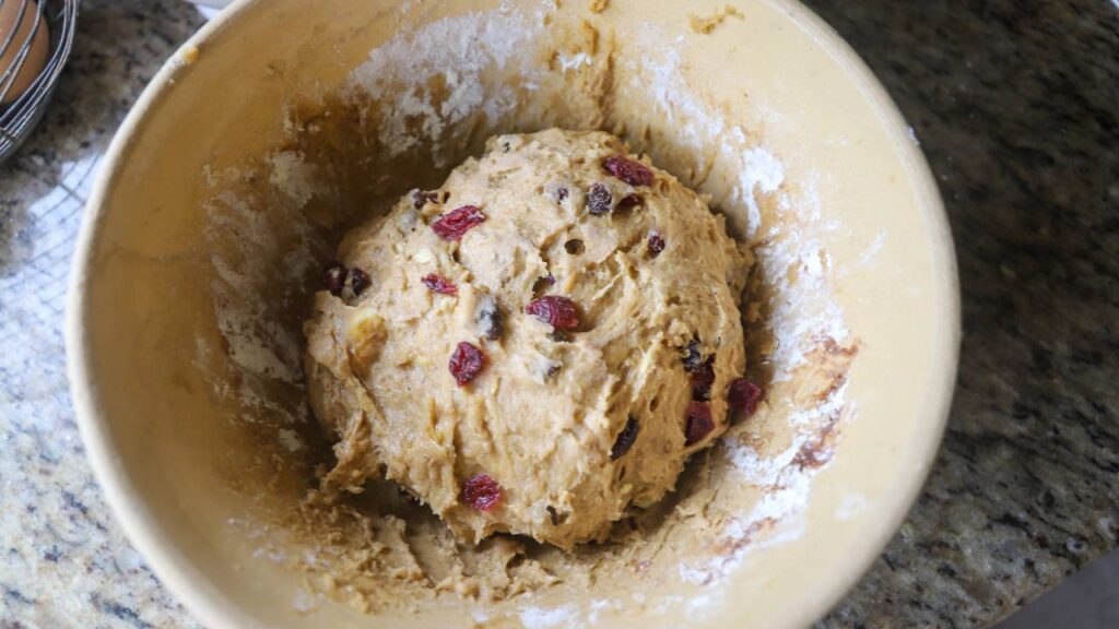 Sourdough einkorn hot cross bun dough with dried fruit in bowl