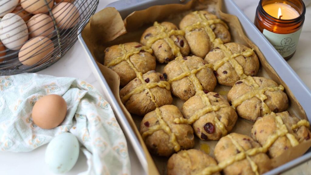 Pan of baked sourdough einkorn hot cross buns