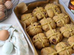 Pan of baked sourdough einkorn hot cross buns