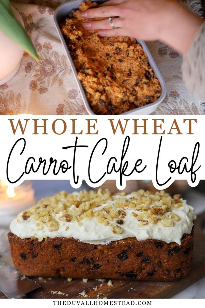 This whole wheat carrot cake loaf is a cozy homemade quick bread made with grated carrots, brown sugar, maple syrup, and warm spices. Topped with creamy frosting and walnuts, this moist carrot cake bread is perfect for Easter baking, spring brunch, or an easy from-scratch dessert.