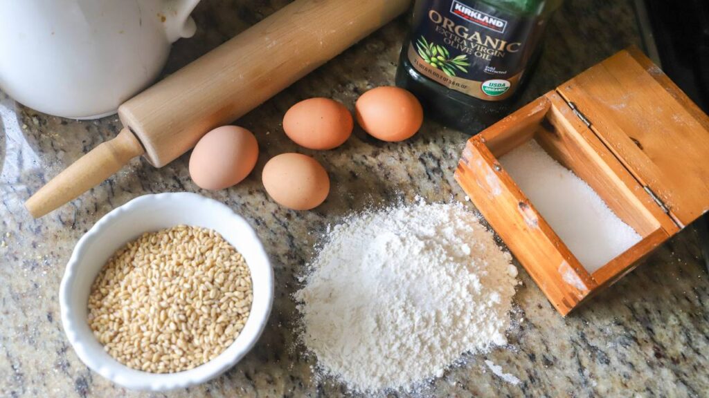Ingredients for homemade whole grain pasta recipe on countertop