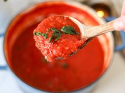 Spoonful of homemade tomato basil pasta sauce over pot