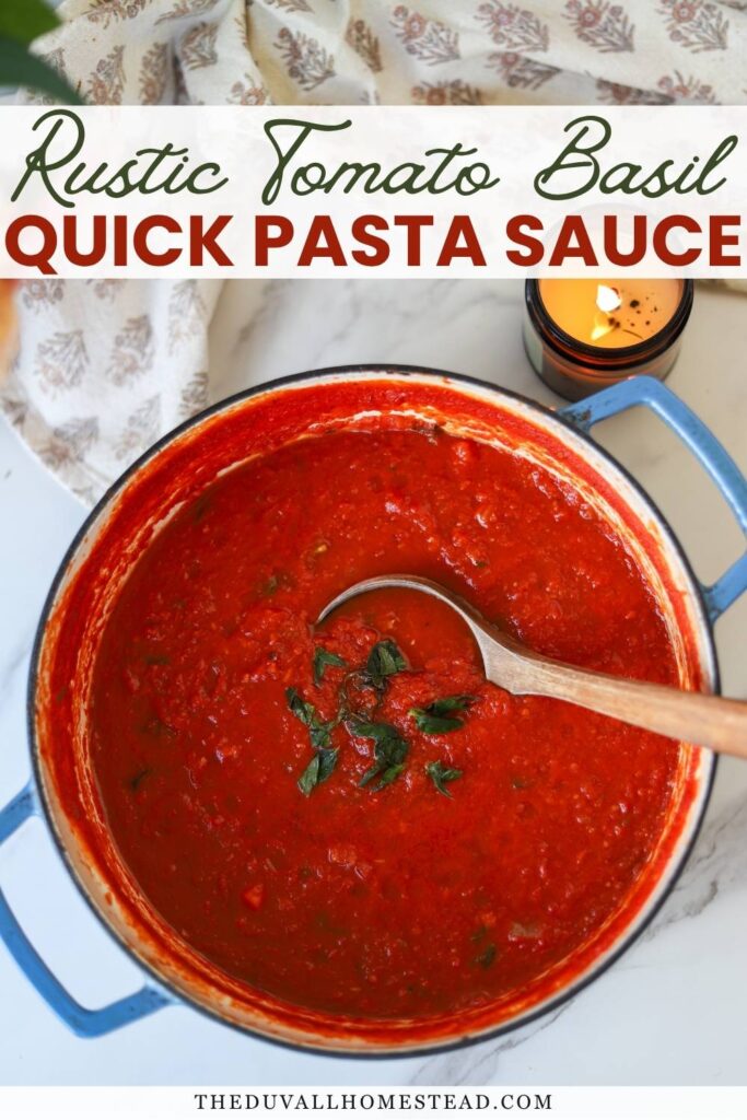 This homemade tomato basil sauce tastes like it simmered all day, but it comes together in just 30 minutes. Made with canned tomatoes, garlic, and fresh basil, this rustic pasta sauce is simple, flavorful, and family friendly. Keep this quick pasta sauce recipe on hand for weeknight dinners, meal prep, or freezer meals.