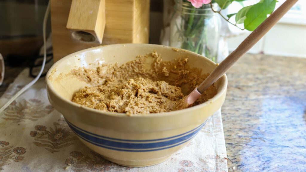 Mixing einkorn cake batter in bowl