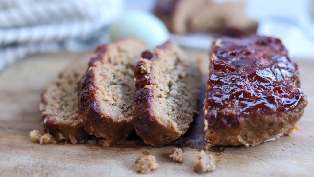 Close-up of homemade meatloaf slices with glaze