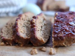 Close-up of homemade meatloaf slices with glaze