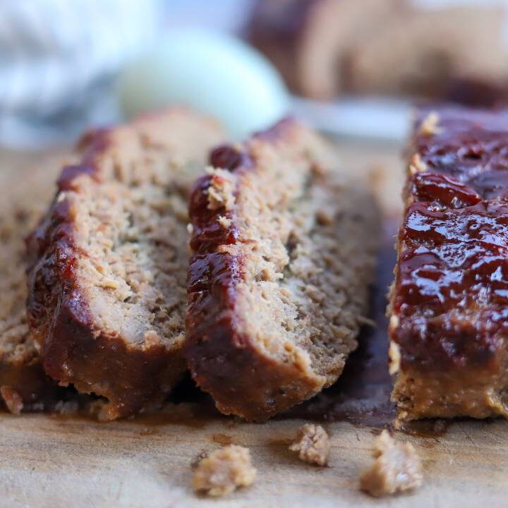 Close-up of homemade meatloaf slices with glaze