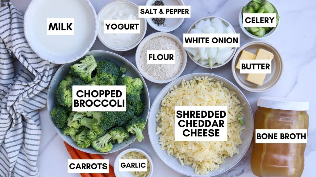 Ingredients for healthy broccoli cheddar soup recipe