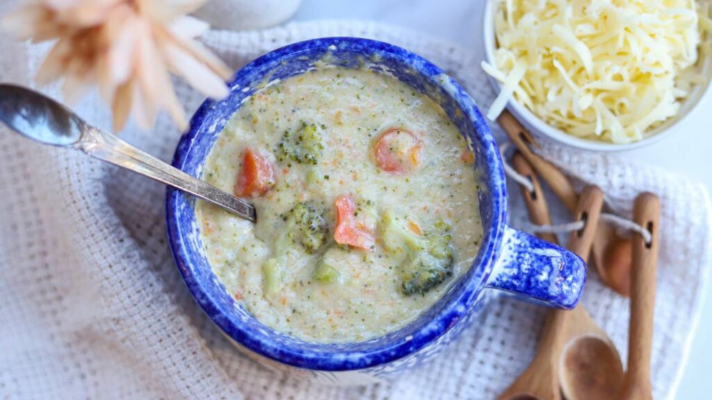 Healthy broccoli cheddar soup with broccoli and carrots