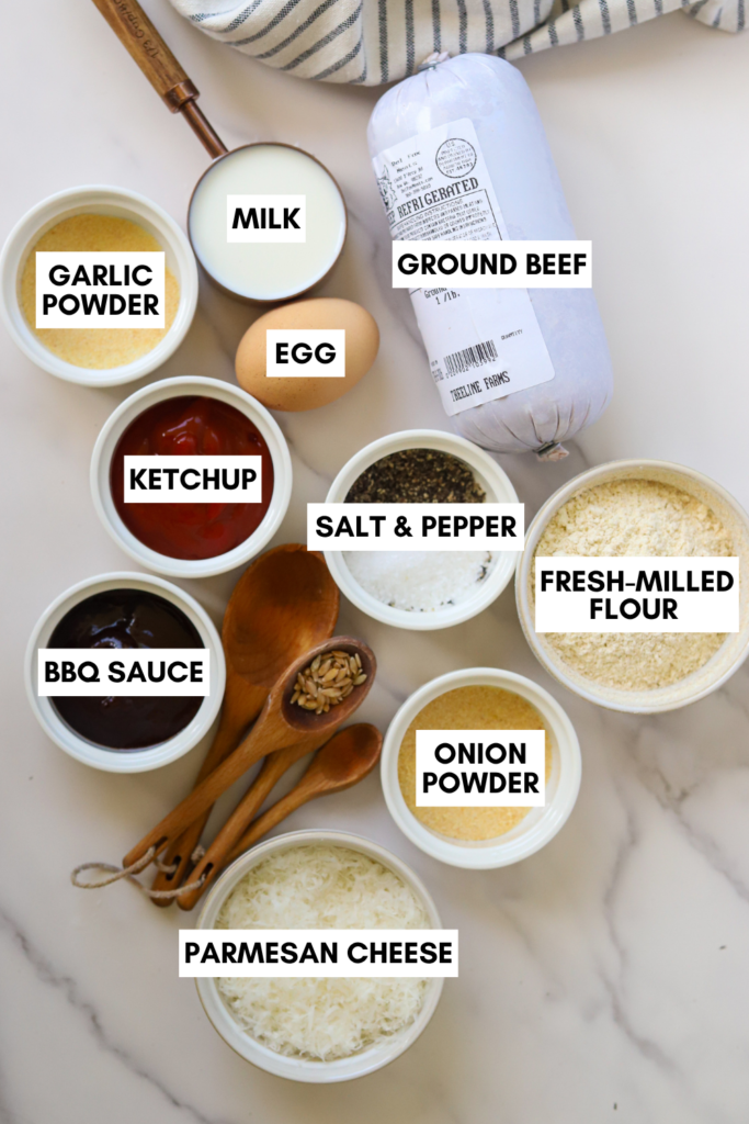 Ingredients for easy meatloaf recipe with ketchup glaze