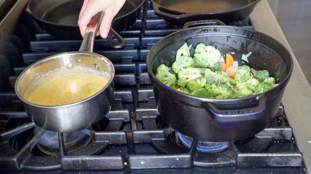 Cooking broccoli and vegetables for broccoli cheddar soup