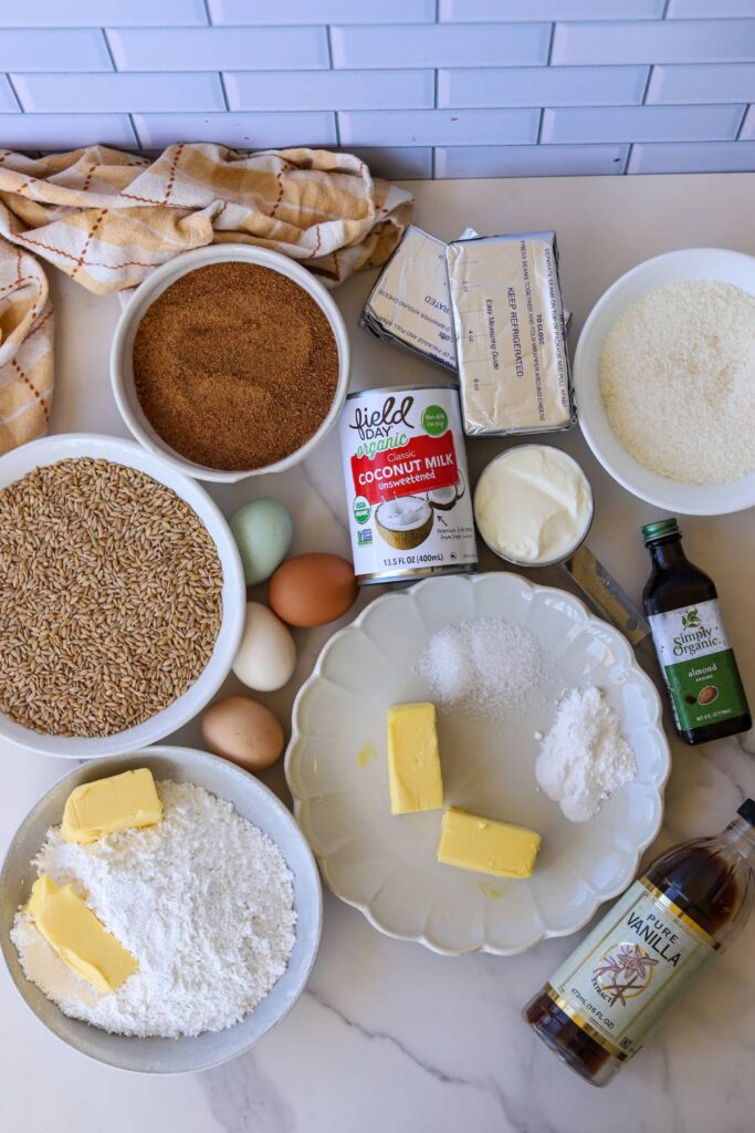 Ingredients for einkorn coconut almond cake laid out on counter