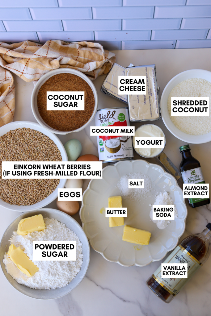 Ingredients for einkorn coconut almond cake laid out on counter