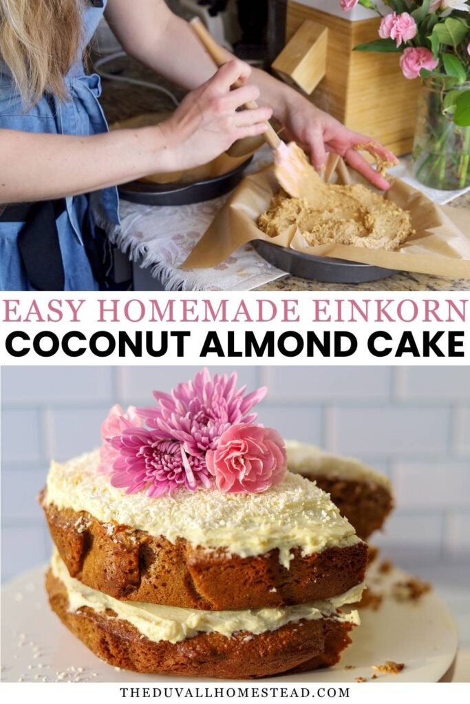 Looking for a delicious einkorn cake recipe? This coconut almond cake is rich, tender, and naturally sweetened with coconut sugar. A beautiful from-scratch dessert topped with homemade cream cheese frosting.