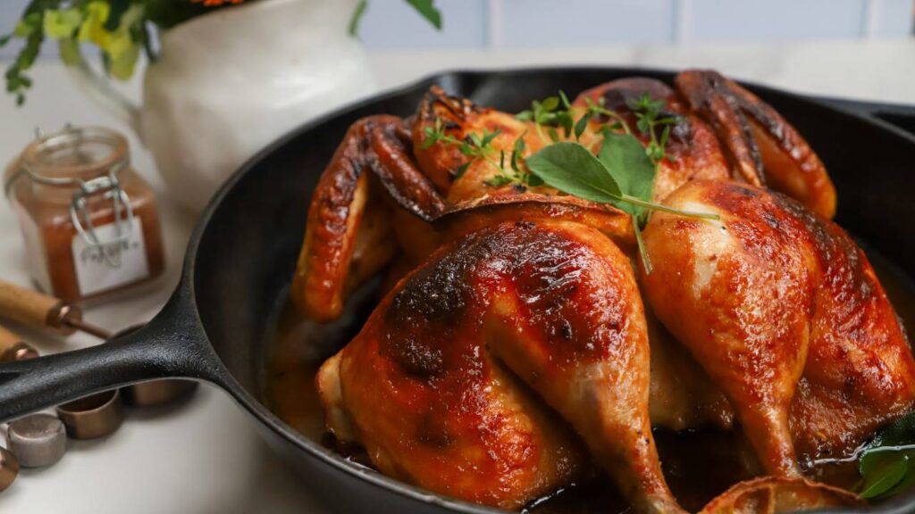 Maple BBQ spatchcock chicken roasted in a cast iron skillet.